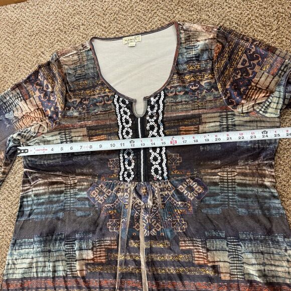 One World Brown Aztec Velour Sequin Kimono Sleeve Top Womens 2X EUC Boho - Picture 8 of 11